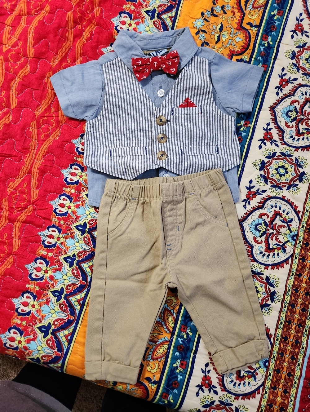 Children's Blue & Khaki Two-Piece Matching Set with Vest and Bow Tie